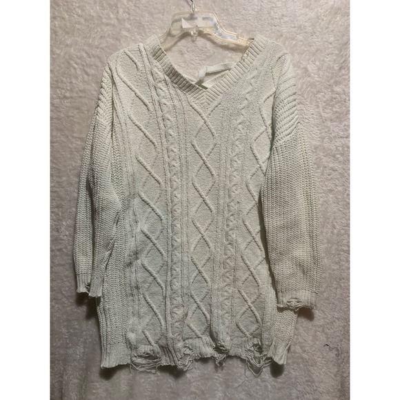 Derek Heart Sweaters - Derek Heart XL Cream Cable Knit Lace Up V Neck Distressed Tunic Sweater